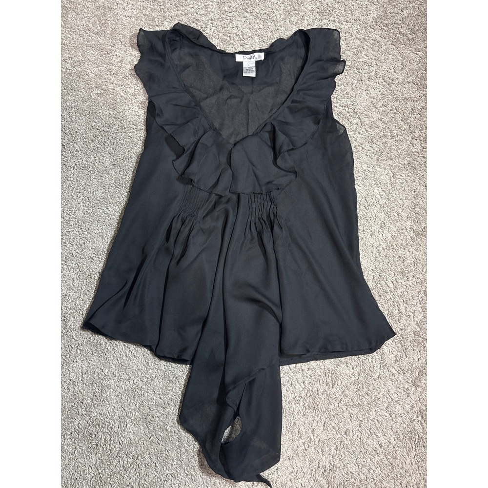 Y2K Pinky Womens Black Ruffle V-Neck Sleeveless Blouse Pleated Empire Waist L
